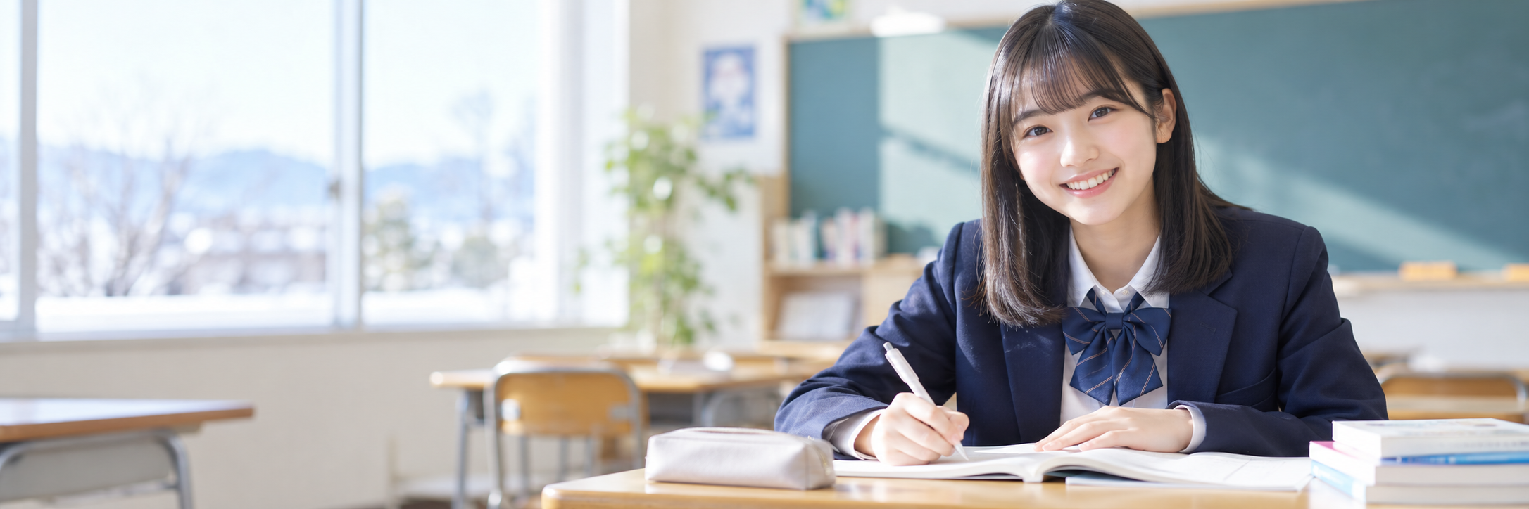 冬の光が入る教室で、ノートに向かって学ぶ生徒のイメージ